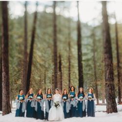 Bride on lodge lawn in winter